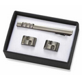 Gunmetal Rectangle Metal Cufflinks w/ Matching Tie Clip